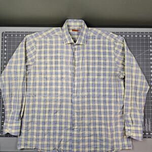 Bruli Shirt Mens XL Yellow Blue Plaid Woven Preppy Dress Cotton Linen Swiss Made